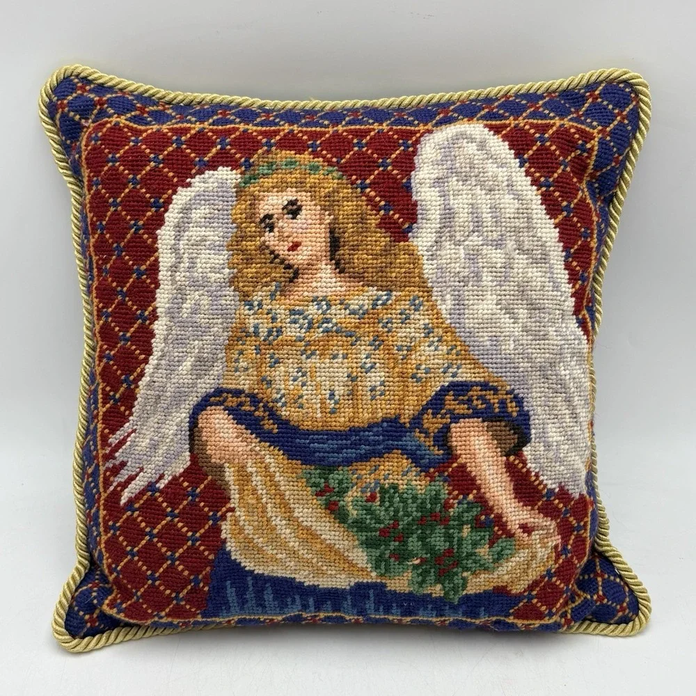 Vintage Handmade Angel Needlepoint Throw Pillow USA Tapestry w Velvet Back 12x12